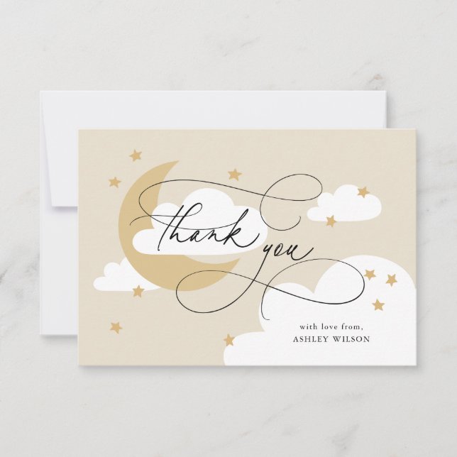 Moon and Stars Beige Gold Script Baby Shower Thank You Card (Front)