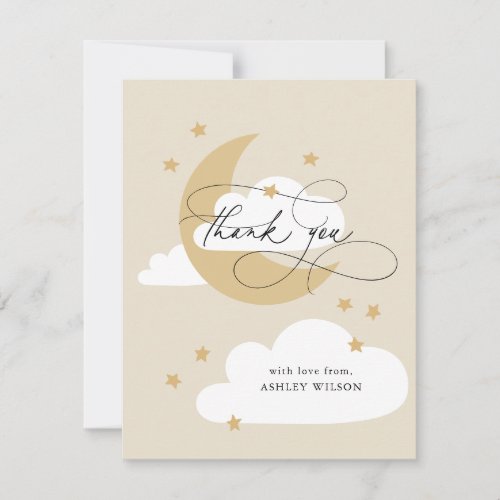 Moon and Stars Beige Gold Script Baby Shower Thank You Card