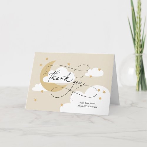 Moon and Stars Beige Gold Script Baby Shower Thank You Card