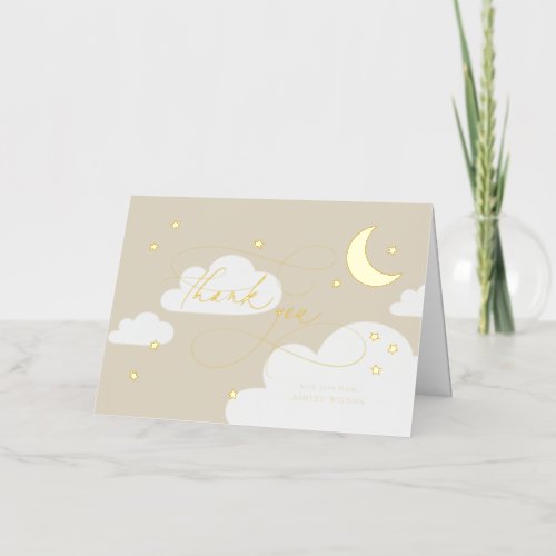 Moon and Stars Beige Script Baby Thank You Foil Greeting Card