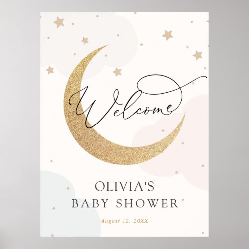 Moon and Stars Blue and Pink Baby Shower Welcome  Poster