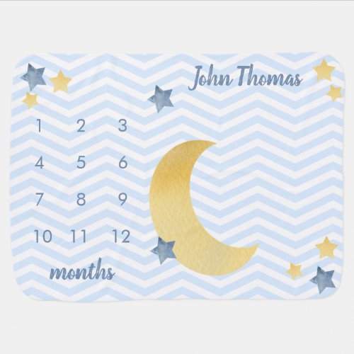 Moon and Stars Blue Baby Milestone Blanket