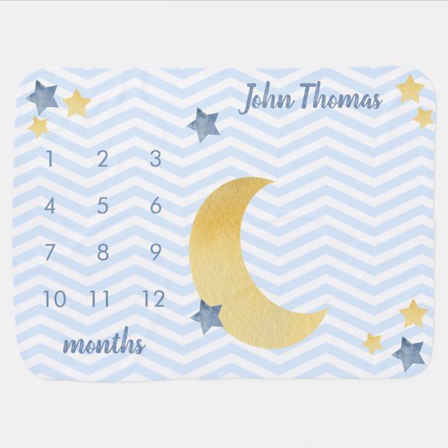 Moon and Stars, Blue Baby Milestone Blanket (Horizontal)