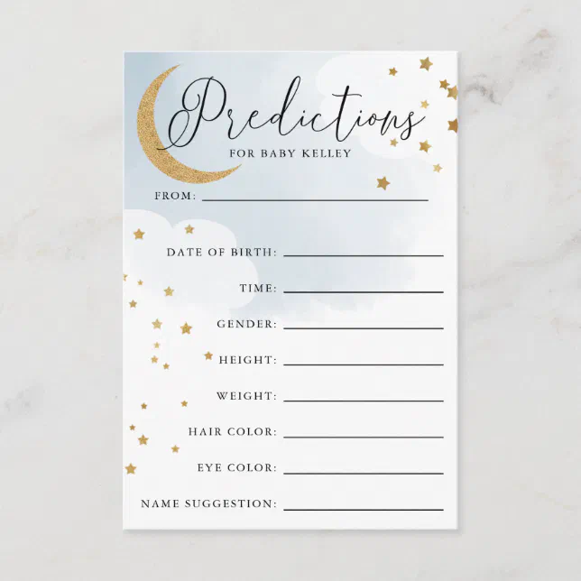 Moon and Stars Blue Baby Shower Prediction Card