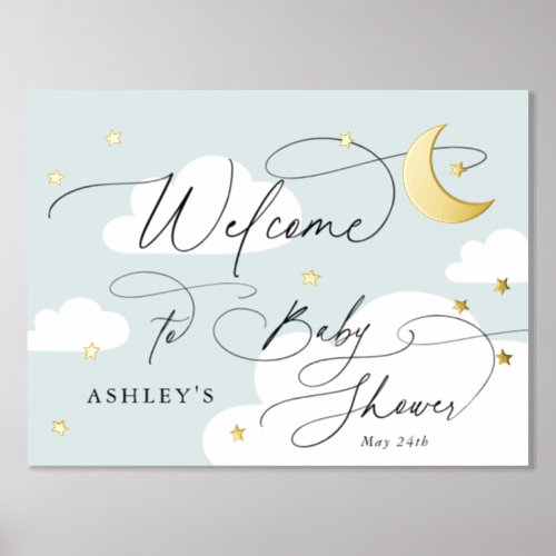Moon and Stars Blue Clouds Welcome Baby Shower Foil Prints