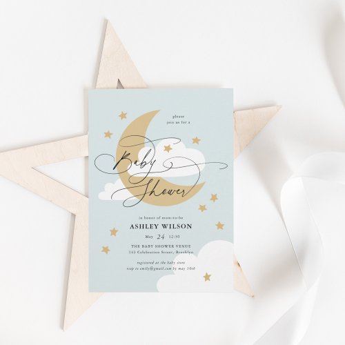 Moon and Stars Blue Elegant Script Baby Shower Invitation