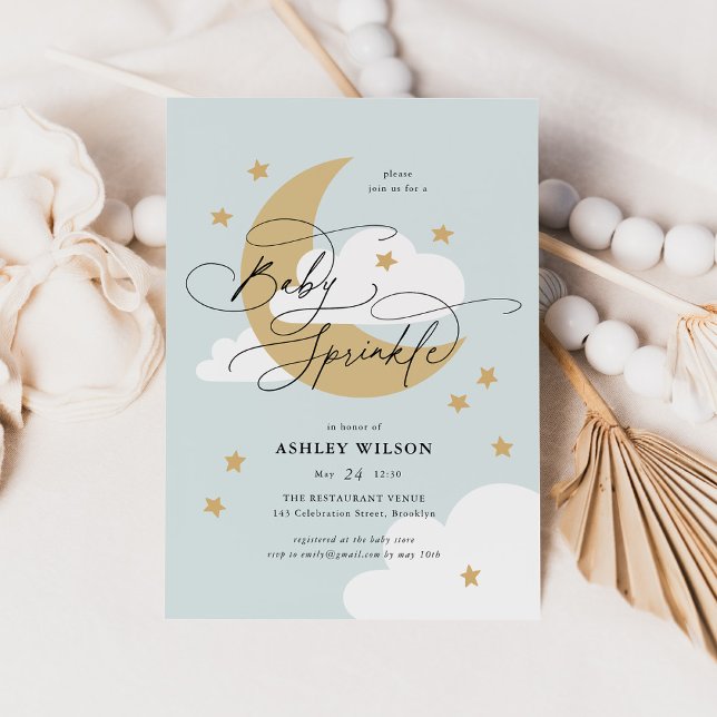 Moon and Stars Blue Elegant Script Baby Sprinkle Invitation (Creator Uploaded)