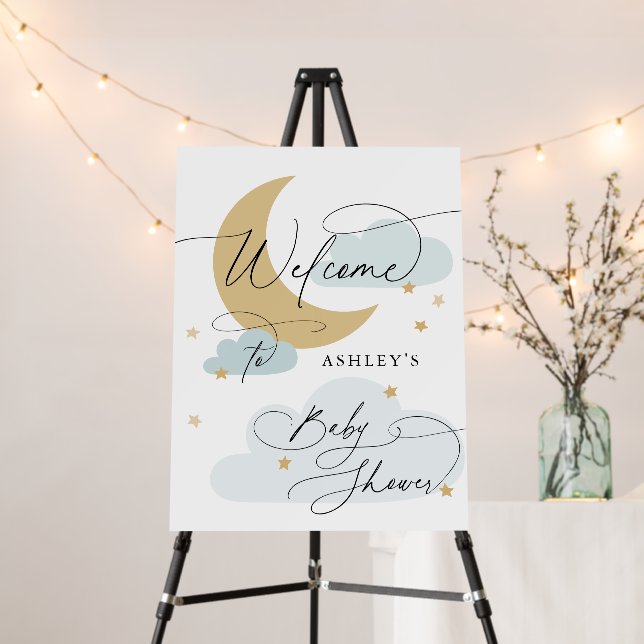 Moon and Stars Blue Gold Welcome Baby Shower Foam Board (In Situ (Stand))