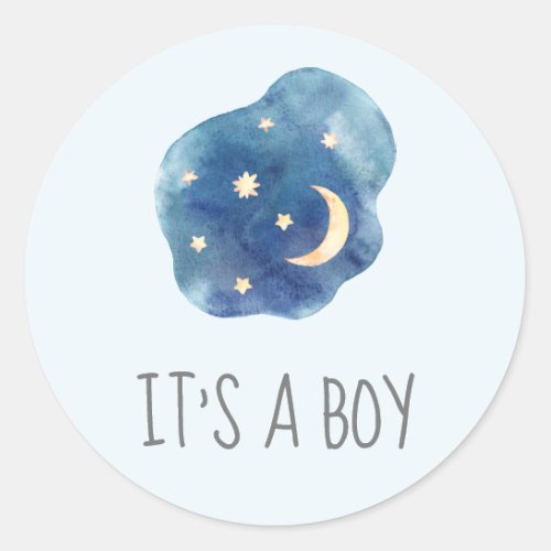 Moon and Stars Blue Its A Boy Baby Shower Sticker