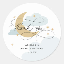 Moon and Stars Blue Script Baby Shower Thank You C Classic Round Sticker