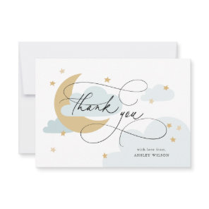 Moon and Stars Blue Script Baby Shower Thank You Card