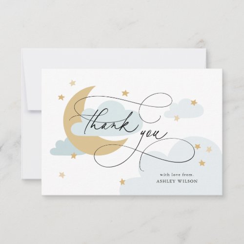 Moon and Stars Blue Script Baby Shower Thank You Card