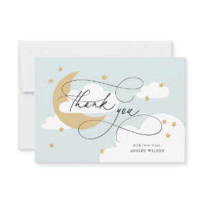 Moon and Stars Blue Script Baby Shower Thank You Card