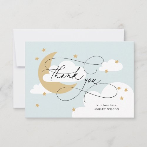 Moon and Stars Blue Script Baby Shower Thank You Card