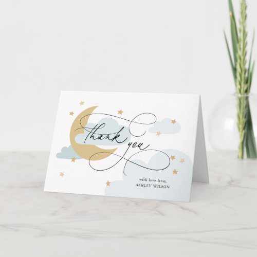 Moon and Stars Blue Script Baby Shower Thank You Card