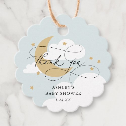 Moon and Stars Blue Script Baby Shower Thank You Favor Tags