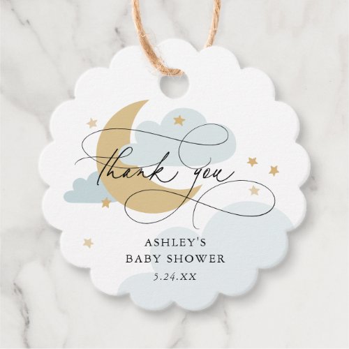 Moon and Stars Blue Script Baby Shower Thank You Favor Tags