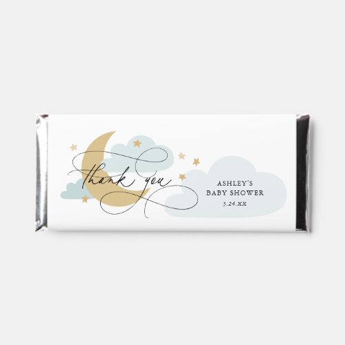 Moon and Stars Blue Script Baby Shower Thank You W Hershey Bar Favors