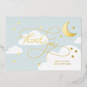 Moon and Stars Blue Script Baby Thank You Foil Invitation