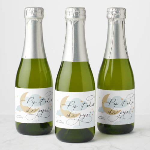 Moon and Stars Blue Script Pop It When She Pops Sparkling Wine Label