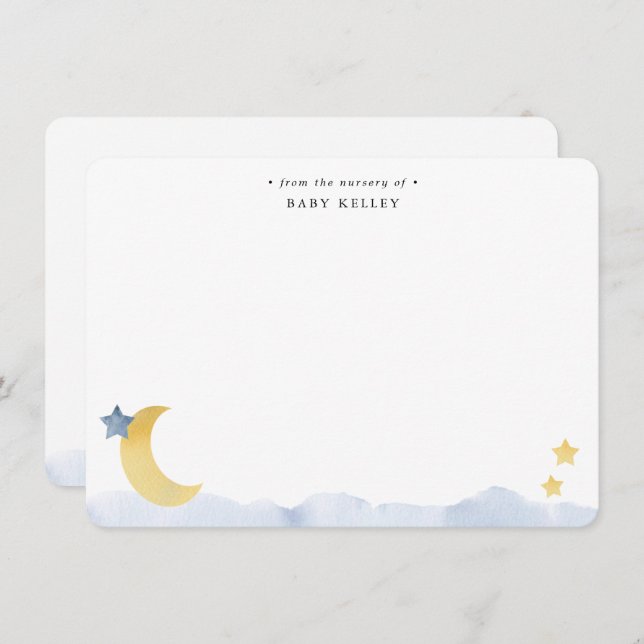 Moon and Stars, Blue Watercolor Personalized Flat Note Card (Front/Back)