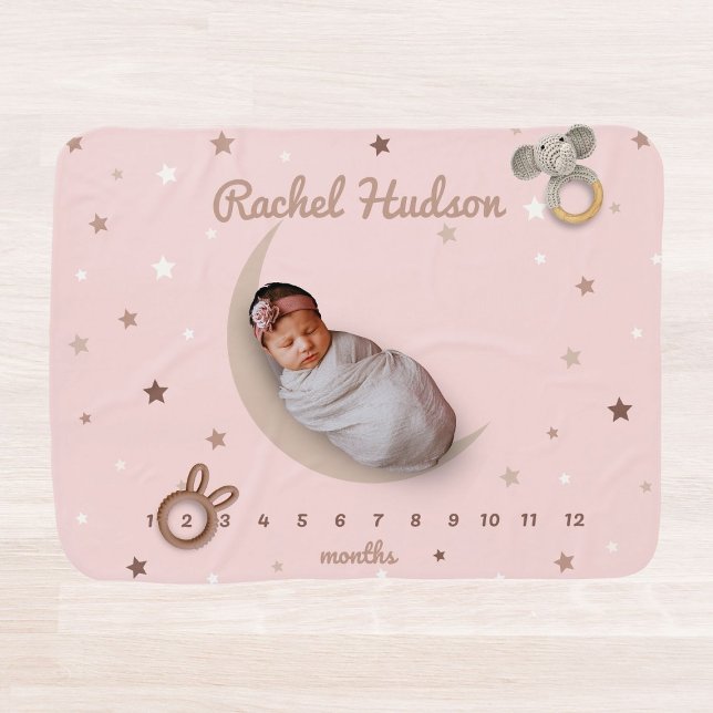Moon and Stars Blush Pink Baby Girl Milestone Baby Blanket (Creator Uploaded)