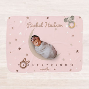 Moon and Stars Blush Pink Baby Girl Milestone Blanket