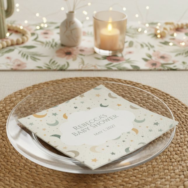 Moon and Stars Boho Baby Adoption Shower Napkins (Personalized Boho baby shower featuring moon and stars)