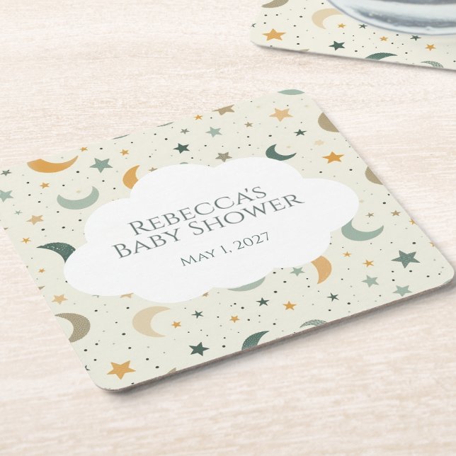 Moon and Stars Boho Baby Adoption Shower Square Paper Coaster (Boho moon and stars personalized baby shower drink coasters)