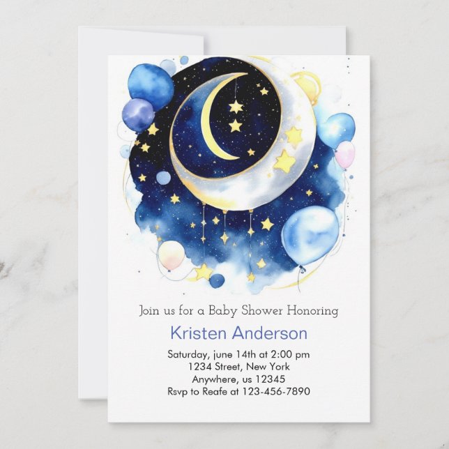 Moon and Stars Celestial Blue Boy Baby Shower Invitation (Front)