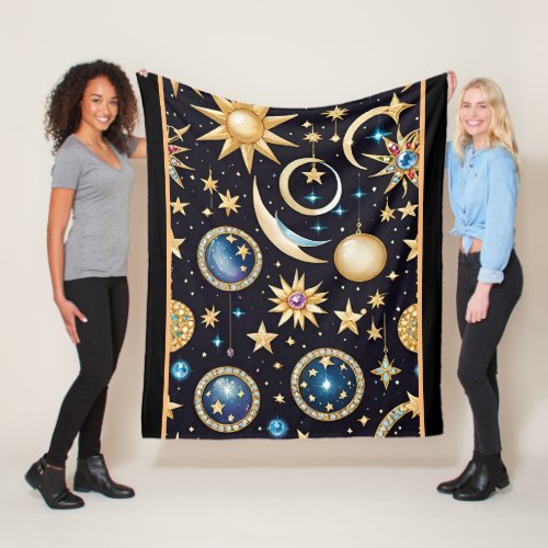 Moon And Stars Celestial  Fleece Blanket