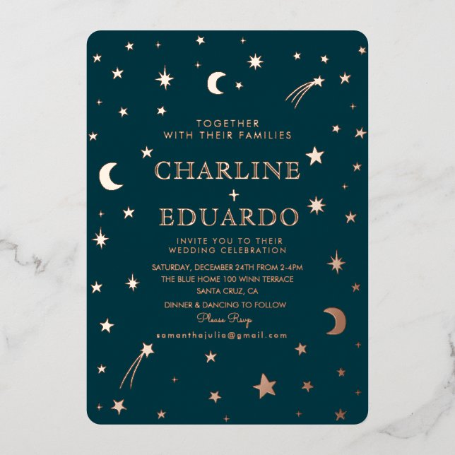 Moon and Stars  Celestial Starsign Golden Wedding Foil Invitation (Front)