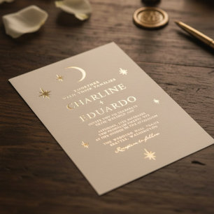 Moon and Stars  Celestial Starsign Golden Wedding Foil Invitation