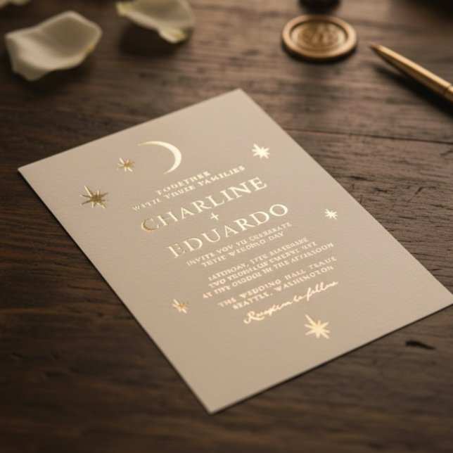 Moon and Stars  Celestial Starsign Golden Wedding Foil Invitation (Creator Uploaded)