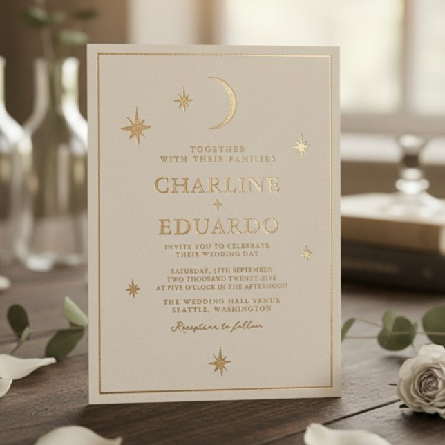 Moon and Stars  Celestial Starsign Golden Wedding Foil Invitation (Creator Uploaded)
