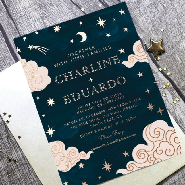 Moon and Stars  Celestial Starsign Golden Wedding Foil Invitation (Creator Uploaded)