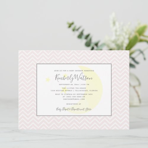 Moon and Stars Chevron Baby Shower  Pink Invitation