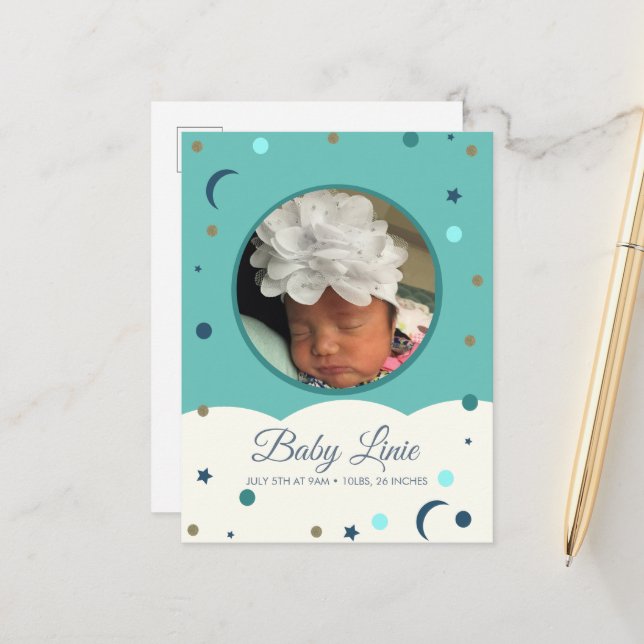 Moon and Stars Cloud Border Baby Announcement Card (Front/Back In Situ)