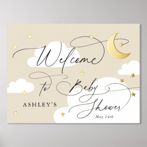Moon and Stars Clouds Beige Welcome Baby Shower Foil Prints