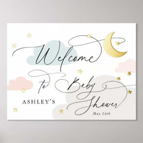 Moon and Stars Clouds Colorful Welcome Baby Shower Foil Prints