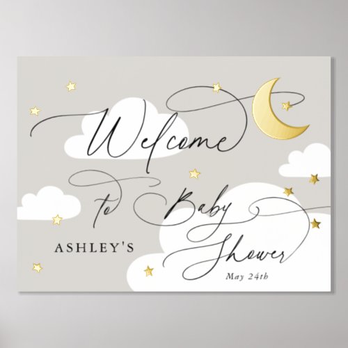Moon and Stars Clouds Gray Welcome Baby Shower Foil Prints