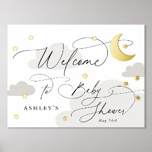 Moon and Stars Clouds Gray Welcome Baby Shower Foil Prints