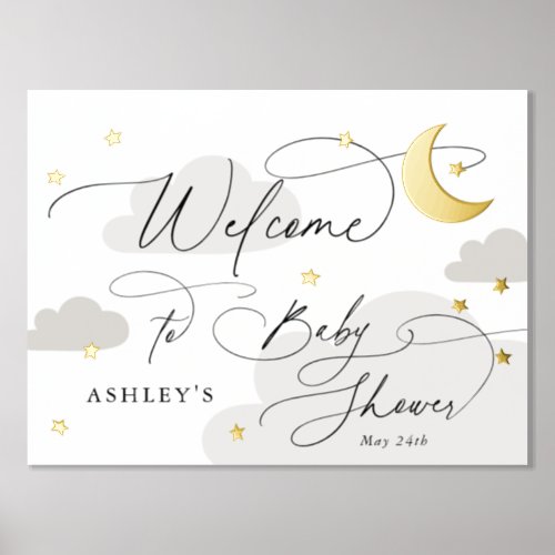 Moon and Stars Clouds Gray Welcome Baby Shower Foil Prints