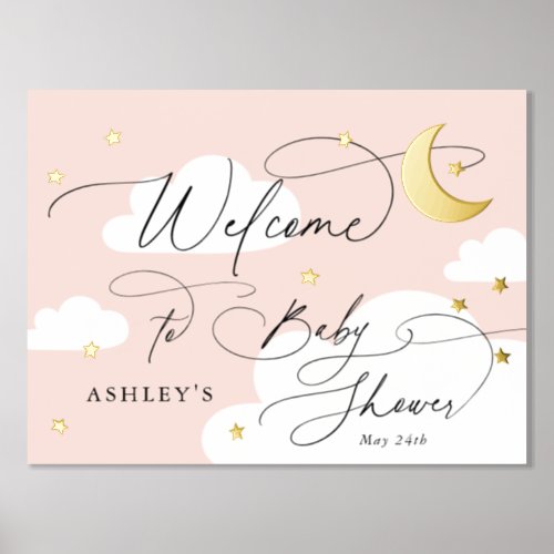 Moon and Stars Clouds Pink Welcome Baby Shower Foil Prints