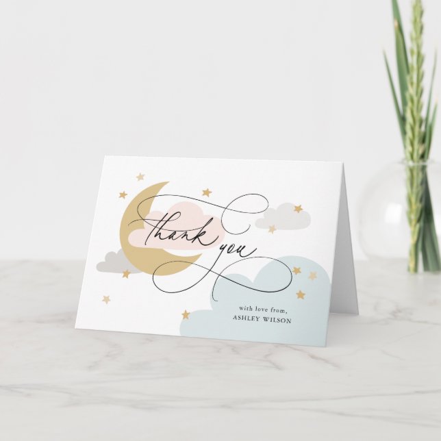 Moon and Stars Colorful Script Baby Shower Thank You Card (Front)