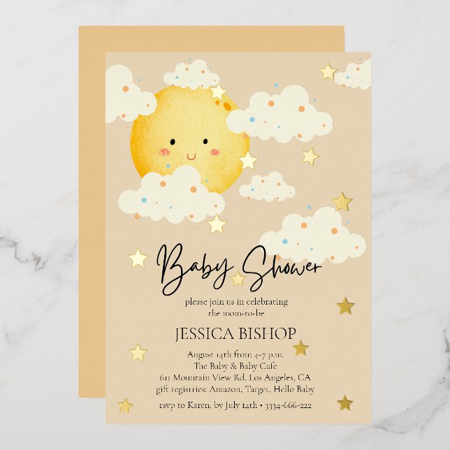Moon and Stars Cream Baby Shower  Foil Invitation (Front/Back)