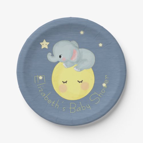 Moon and Stars Cute Elephant Baby Boy Shower Paper Plates