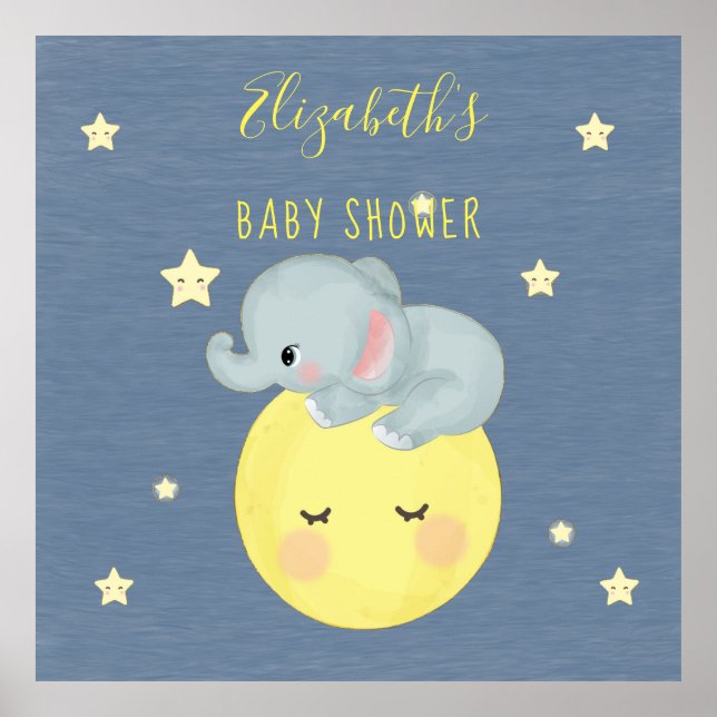 Moon and Stars Cute Elephant Baby Boy Shower Poster (Front)