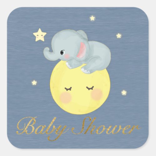 Moon and Stars Cute Elephant Baby Boy Shower Square Sticker