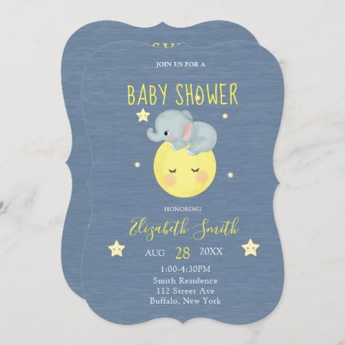 Moon and Stars Cute Elephant Blue Baby Boy Shower Invitation